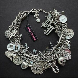 VINTAGE BETSEY JOHNSON Black Label Statement Charms Chain Necklace